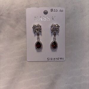 Silver base faux Diamond and Ruby Teardrop Earrings